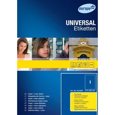 Europe 100 ELA027 Etichetta universale 210 x 297 mm Carta Bianco 100 pz. A tenuta permanente Stampante a getto d'inchio (1/3)