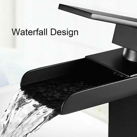 Mitigeur Haut Lavabo Cascade Robinet Noir Mat Rectangulaire Chaude Froide Ajustable Salle de Bain Carrée pour Vasque à Poser Mélangeur Lave Main Acier Inox Anti-oxydation sans Plomb (1/4)