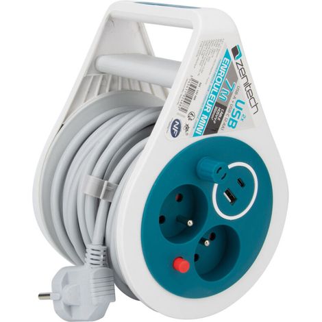 Mini enrouleur 2 prises P+T + 2 USB - 7m - Bleu -