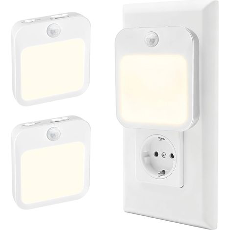 Veilleuse avec détecteur de mouvement sur prise, lot de 2  Capteur de lumière, modes ON/OFF/AUTO, 3000 K blanc chaud, intensité réglable, mémoire, portée 3–5 m, angle 120°, arrêt 45 s.