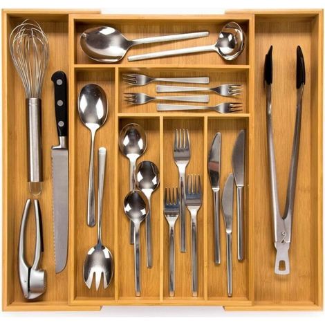 Range-couverts 43 (profondeur 43 cm) en bambou – Système de rangement de tiroirs pour la cuisine – Range-couverts pour tiroirs en bambou – Extensible – Organiseur de cuisine (1/5)