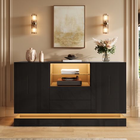 Aparador 140 x 40 x 80 cm led control app, buffet moderno brillo salón, tablero de partículas, negro (1/5)