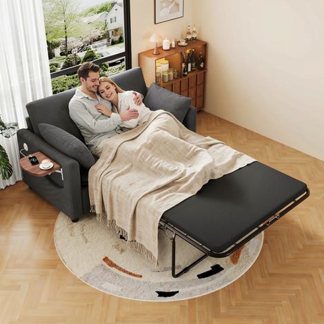 Ausziehbares 2‑Sitzer‑Schlafsofa mit Schlaffunktion, USB‑Ladeanschluss, klappbarem Seitentisch, Matratze, zwei Bettlaken und zwei Kissen, ideal für Wohnzimmer und Apartments, Grey (1/5)