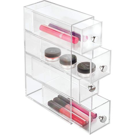 iDesign Porta trucchi con 4 cassetti, Mini cassettiera per make up, cosmetici e gioielli, Organizzatore trucchi con cassetti girevoli in plastica, trasparente (1/5)