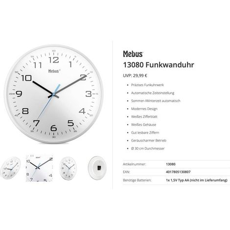 Mebus 13080 Radiocontrollato Orologio radiocontrollato 30 cm Bianco Movimento silenzioso (senza scatti)