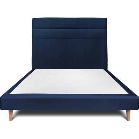 Lit 150x200cm avec tête de lit lignes velours et sommier tapissier Bleu - Hauteur totale : 29cm (1/5)