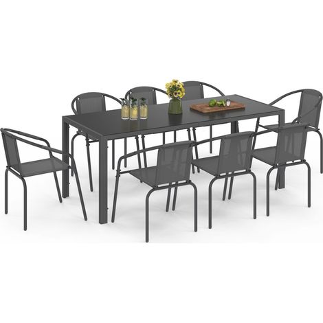 Salon de jardin THELMA table 190 CM et 8 chaises empilables gris anthracite