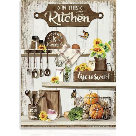 Art Mural en Toile pour Cuisine Fermière Décoration Murale Rustique Tournesol, Tableau de Citations de Cuisine pour Restaurant Salle à Manger 30x40 cm Sans Cadre (1/5)