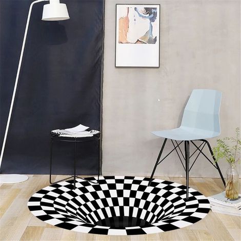Illusion-Teppich, 3D-Effekt, rund, mit schwarz-weißem Karomuster, rutschfest, für Schlafzimmer oder Wohnzimmer. (1/4)