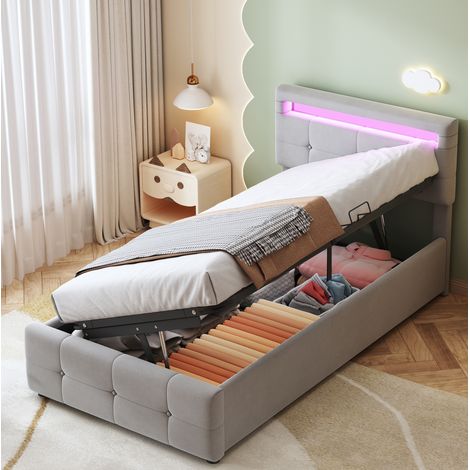Letto singolo 90x200 cm MDF grigio con LED e vano, per bimbi, senza materasso – MEUBLIV (1/5)