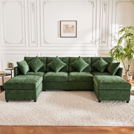 Divano modulare 278x161x81 cm verde in chenille con 2 pouf e 6 cuscini (1/5)