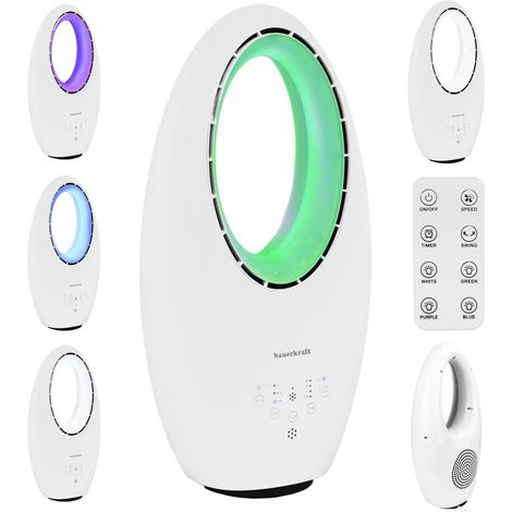 Modern bladeless standing floor fan 60w - 3 modes remote control timer led lighting