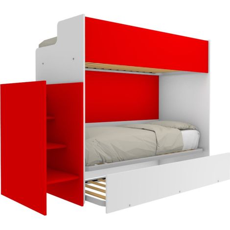 Letto a castello minimalista con terzo letto estraibile - Bianco e Rosso