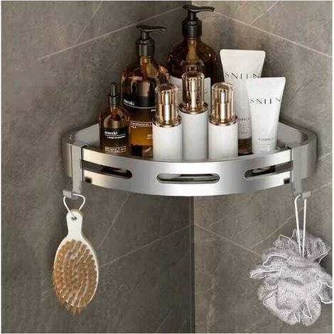 Etagère de Douche d'angle sans Perçage en Métal avec 2 Crochets pour Douche Support Antirouille Autocollant pour Articles de Salle de Bains (1PCS Argent Triangles)，28.521.5cm (1/5)