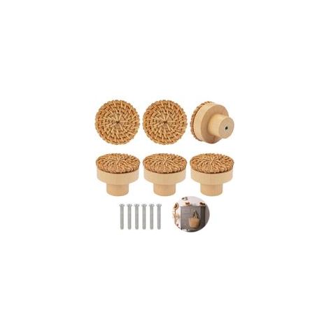 Lot de 6 boutons de meubles en rotin 4 x 3 cm Style vintage Ronds En bois Avec vis Pour armoire, tiroir, salon, armoires de cuisine