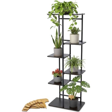 Metall Pflanzenständer schwarz mit 5 Ebenen aus Holz - 106 x 35 cm - Blumenregal für Innen inklusive 10 Bambus Pflanzenschilder