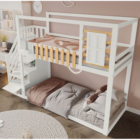 Litera infantil de madera maciza y MDF blanca/natural 90x200 cm con escalera, estantes y barandilla (1/5)