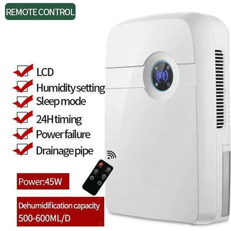 Déshumidificateur électrique 2,5 L (modèle avec télécommande), idéal pour une utilisation en sous-sol, fonctionnement silencieux, minuterie avec télécommande. (1/5)