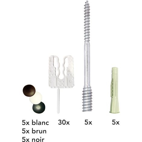 Kintech – Kit de fixation pour pose en tunnel et en feuillure – 3 capuchons blanc/noir/brun – 30 cales 1mm – 5 chevilles Ø 8mm – Réglage +/- 5mm