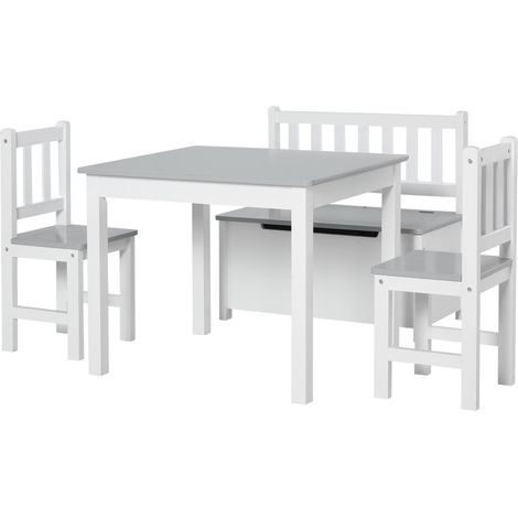 Set Tavolo per Bambini con 2 Sedie e Cassapanca in Legno per Cameretta Bianco e Grigio (1/5)