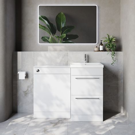 Napoli 390 Cento Gloss White 1100mm 2 Drawer Vanity Unit Toilet Suite with Glide Basin - 1100mm - Chrome 320mm HandleWithout Kingston Toilet Pan