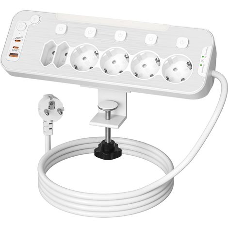 Multiprise Electrique de Table,Multiprise de Bureau 6 Prises,2M Câble,Blanc Multiprise avec Interrupteur Individuel,6 Prises Multiprise Parafoudre (1/5)
