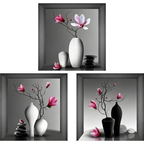 Lot de 3 Stickers Muraux 3D Vase avec Fleurs, Décorations Adhésives pour Mur 30x30 cm, Autocollants 3D pour Salon, Chambre, Cuisine, Bureau et Plus