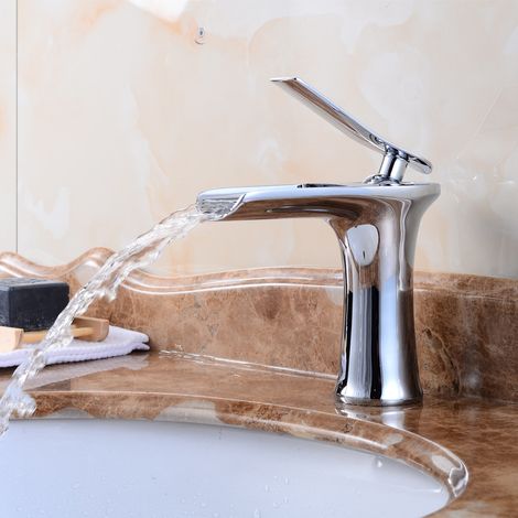 Robinet d'évier cascade haut plaqué monobloc, finition chromée, style minimaliste moderne - 17 12cm (1/2)
