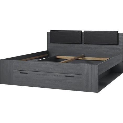 Cama de matrimonio color negro con almacenamiento 180x200 cabecero somier de lamas Horseg (1/5)