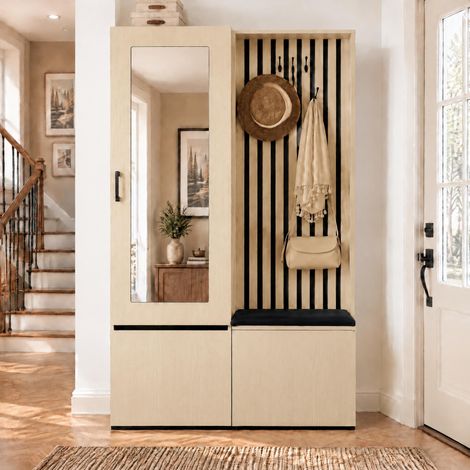 Vestiaire d'Entrée, Ensemble Meuble d'Entrée avec Miroir et Banc à Chaussures, Penderie Télescopique et 4 Crochets, en MDF Moderne, 113,5x35x179,5 cm, Bois Clair et Noir (1/5)