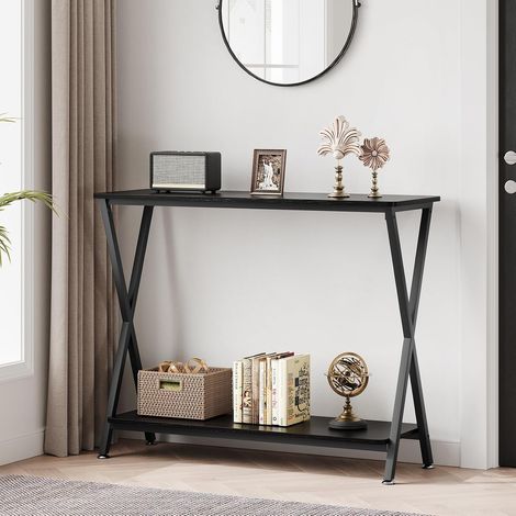 Table Console Industrielle Noire 80 cm avec 2 Étagères, Structure en X (1/5)