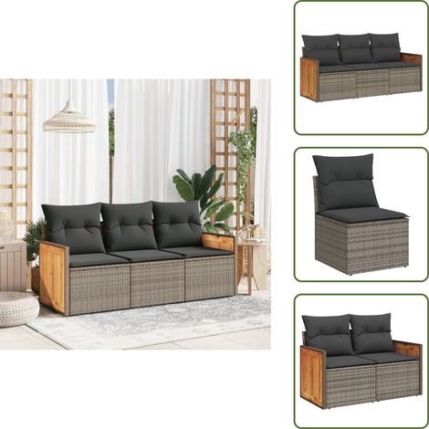 The Living Store Salon de jardin avec coussins 3 pcs gris résine tressée - Salon De Jardin - Meuble De Jardin - Salon Extérieur - Ensemble De Canapés - Canapé D'extérieur (1/5)