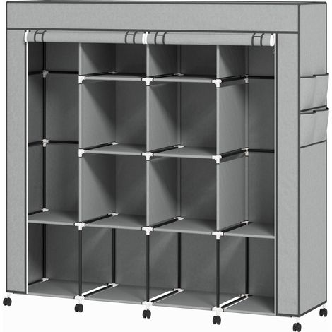 Armoire penderie en tissu gris, meuble de rangement roulant 10 roues, 10 casiers avec barres de suspension. (1/5)