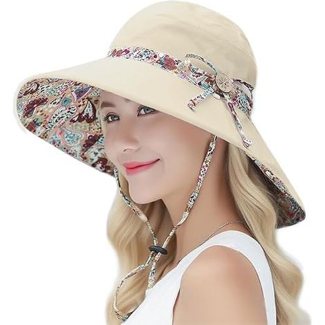 Anti UV Women's Sun Hat, Double Sided Summer Gardening Hat, Wide Brim Foldable Adjustable Visor Cap for Camping, Beach, Trekking, Fishing (Beige) (1/5)