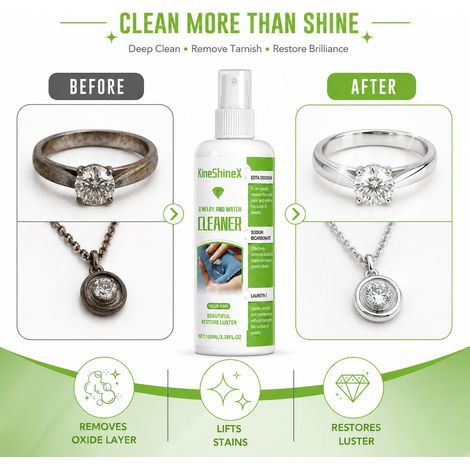 KineShineX Schmuckreinigungsspray reinigt, poliert und bringt Schmuck sanft zum Glänzen geeignet für Ringe, Halsketten, Ohrringe und Armbänder. (1/4)