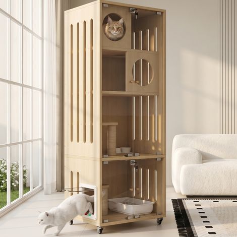 Casa per gatti con ruote, porta in vetro con serratura, porticina, 60 x 50 x 156 cm HAVRYA (1/5)