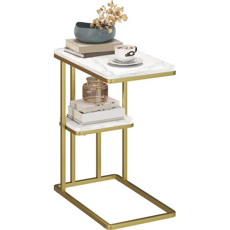 Table d'appoint étroite en forme de C avec étagère, table de chevet moderne, 50 x 30 x 57,5 cm, effet marbre blanc (1/5)