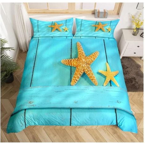 HBeach Starfish Parure de Lit 200x200cm Bleu Bois Ensembles de Housse de Couette Ocean Marine Theme Housse de Couette Room - GXL (1/4)
