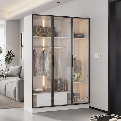 Armoire blanche spacieuse avec 3 portes vitrées, 1 tiroir et 1 tringle à vêtements - 110 x 50 x 160 cm - avec éclairage LED (1/5)