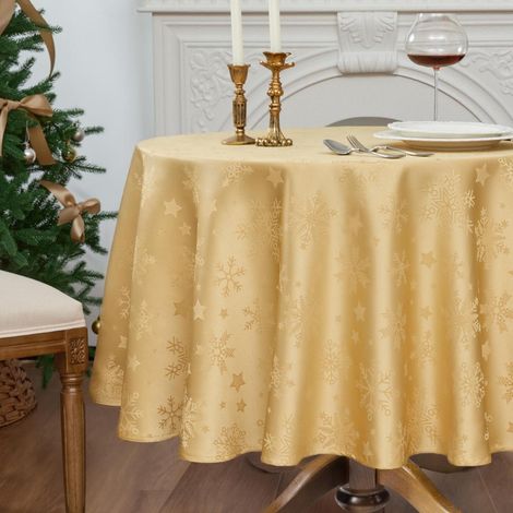 Nappe ronde 180 cm Or lavable avec motif flocons de neige et étoiles