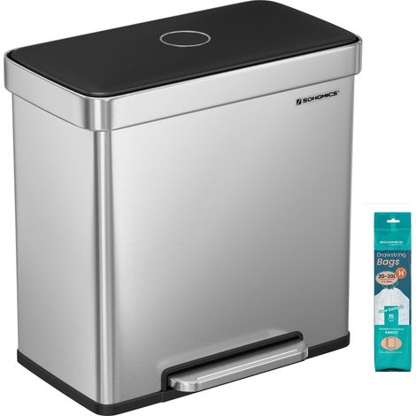 Poubelle Tri Sélectif 2 Bacs, 2 x 30L, Poubelle Double Cuisine en Inox, avec 15 Sacs Poubelles, avec Seaux en Plastique, Couvercles à Fermeture Lente, 58,2 x 31,5 x 60,5 cm, Argent LTB202E01 (1/5)