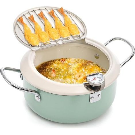 Friteuse japonaise avec thermomètre - Couvercle et égouttoir - Antiadhésive - Poêle tempura pour frites et fruits de mer - Ustensile de cuisson (1/5)