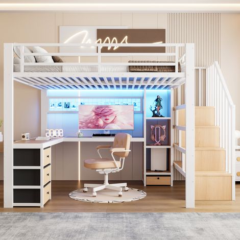 Lit mezzanine Métal 140 x 200 cm - avec bureau - Échelle à tiroirs et 4 rangements - eclairage LED et grille créative - blanc (1/5)