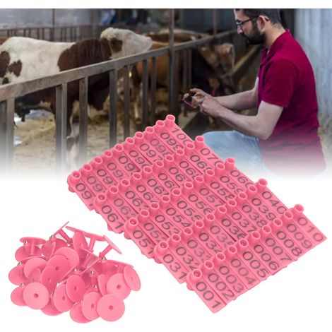 Nummerierte PP-Ohrmarken zur Kennzeichnung von Nutztieren – Packung mit 100 Sets inklusive Nadeln und Ohrsteckern, Abmessungen 5,3 x 1,8 cm (1/5)