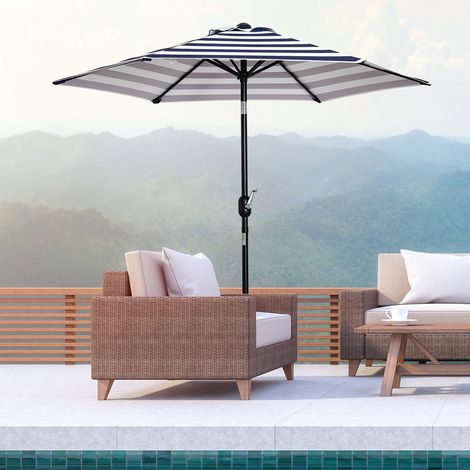 Parasol. parasol de jardin. parasol de terrasse. structure en acier. usage extérieur. rayures bleues. Ø230 x 216 cm (1/5)