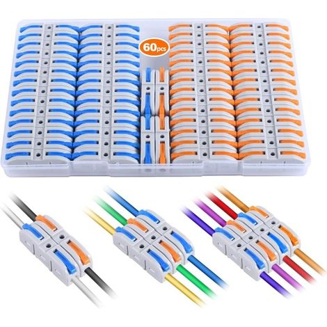 Connettori a leva per cavi, kit di giunzione elettrica a connessione rapida da 60 pezzi per terminali in linea compatti - 28-12 AWG, 1 ingresso, 1 uscita (1/4)