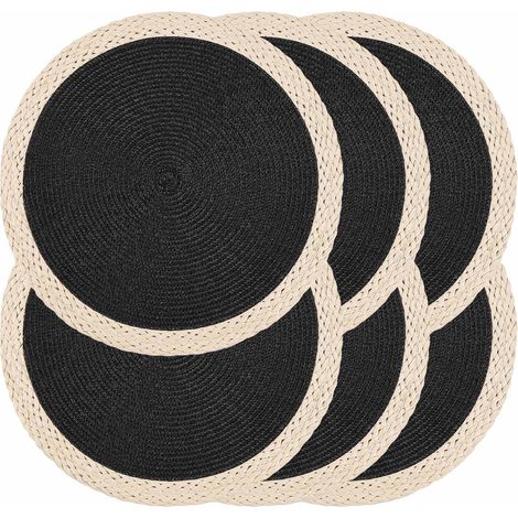 Ensemble de 6 napperons ronds tressés - Sets de table lavables résistants à la chaleur, 38,1 cm pour table de salle à manger, antidérapants, pour intérieur et extérieur, pour Pâques (01'01 Noir 6 pcs' (1/5)