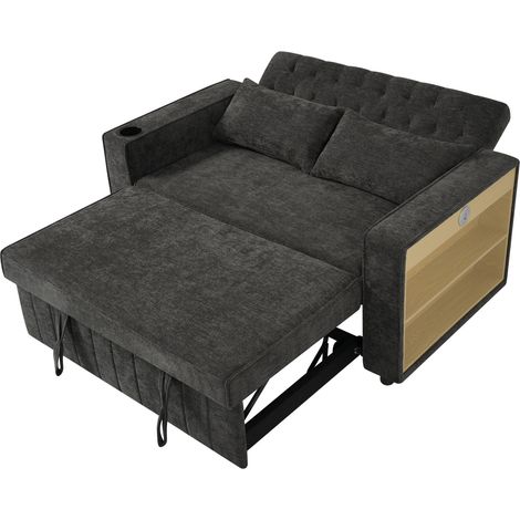 Canapé-lit multifonction en tissu chenille gris avec rangement, porte-gobelet et port USB, 2 places (1/5)