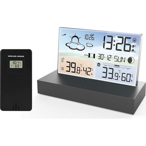 Station Météo avec Capteur Extérieur Sans Fil, écran LCD Sans Fil Station Météo Numérique Avec Double Réveil/Date/Heure/Température/Humidité/Alerte/Barométrie/Prévisions Météo Pour Maison (1/5)