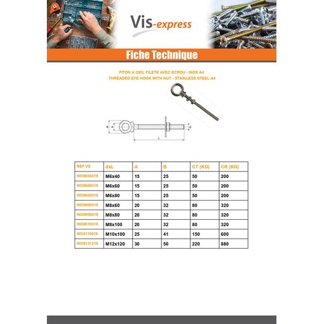 Vis Express – Piton à oeil fileté M8X80 inox A4 – Ecrou oeil inclus – Filetage métrique pas standard – Pour chantiers humides